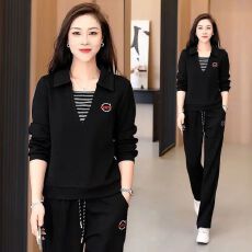 批发2026春秋套装洋气翻领假两件上衣女宽松休闲运动服两件套