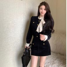 批发小香风蝴蝶结丝绒外套富家千金套装女秋<b class='q'>冬</b>高腰半身裙短裙子两件套