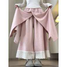 批发粉色蕾丝花边阔腿裤女秋冬季2026新款小个子高腰宽松显瘦拼接裙裤