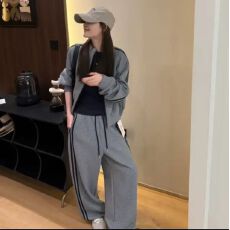 批发新款时髦2026秋季穿搭侧拉条套装女立领长袖卫衣阔腿裤两件套
