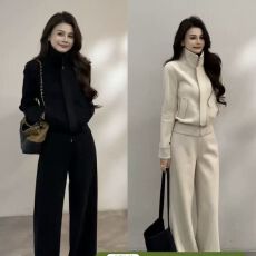 批发韩版时尚穿搭休闲<b class='q'>运动</b>套装女2025春秋季立领外套阔腿裤卫衣两件套