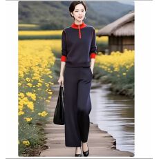 批发仿棉曼巴棉2025时尚休闲撞色上衣+直筒阔腿裤两件套套装