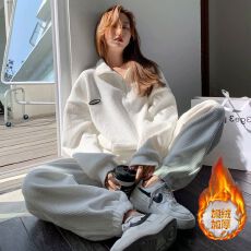 批发加绒华夫格400克】加绒加厚运动套装女秋<b class='q'>冬</b>季宽松时尚休闲两件套