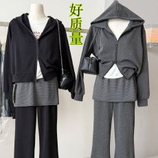 批发原版质量】韩系休闲慵懒风连帽<b class='q'>卫衣</b>+条纹屁帘库<b class='q'>女</b>两件套秋季<b class='q'>套装</b>