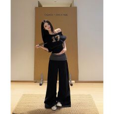 批发豹纹吊带斜肩两件套卫衣美式撞色短款上衣女+卫裤套装