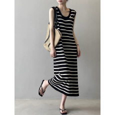 批发条纹针织背心连衣裙女夏季韩系法式气质宽松显瘦度假无袖长裙子