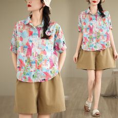 批发<b class='q'>实拍</b>夏装大码韩版趣味印花衬衫宽松休闲翻领童趣上衣潮M-4XL200斤