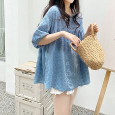 批发夏装新款大码女装通勤宽松<b class='q'>蕾丝</b>边彩扣棉麻衬衫<b class='q'>娃娃衫</b>M 4XL200斤