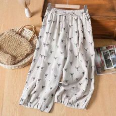 批发<b class='q'>夏</b>装新款棉麻阔腿裤文艺范大码宽松休闲波点碎花百搭九分裤简约款