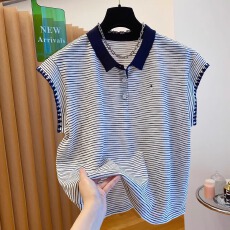 批发韩国高级感条纹针织t恤女短袖新款宽松别致小飞袖POLO领上衣