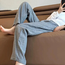 批发早<b class='q'>秋</b>新款大码慵懒松弛感棉麻条纹裤高腰直筒休闲裤小个子阔脚