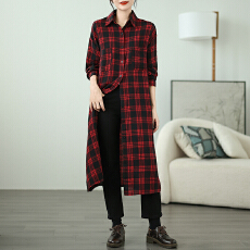 批发实拍2026早春大码女装<b class='q'>中长款</b>外套宽松侧开叉格子衬衫