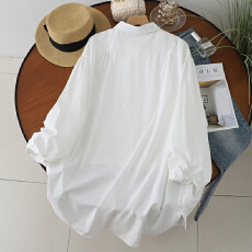 批发实拍春装新款白/长衬衫纯棉休闲百搭小<b class='q'>翻领</b>长袖中长款衬衫连衣裙