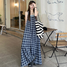 批发夏装新款大码女装慵懒风格子<b class='q'>背带裤</b>薄款连体阔腿裤M-5XL200斤