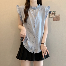 批发实拍夏装新款大码女装轻奢减龄木耳边小清新背心波点马甲无袖上衣