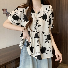 批发实拍夏装大码女装韩版修身显瘦设计感V领抽绳<b class='q'>长袖</b><b class='q'>衬衣</b>M-4XL200斤