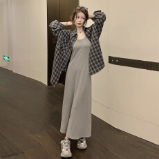 批发夏装新款大码女装气质背心<b class='q'>连衣裙</b>+格子衬衣套装M-4XL200斤