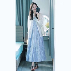 批发春装新款大码女装条纹中长款<b class='q'>连衣裙</b>防晒衬衫两件套装M-4XL200斤
