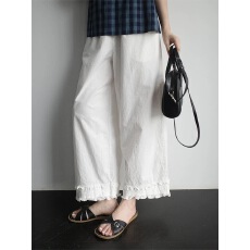 夏装新款叠穿好裤高密盐缩棉全松紧腰花边宽松九分裤