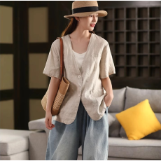 批发夏装新款<b class='q'>韩版</b>大码女装复古棉麻短袖西装<b class='q'>外套</b>单排扣开衫外搭上衣