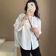 批发夏装新款大码女装韩版简约通勤中袖衬衫美拉德宽松衬衣圆领<b class='q'>上衣</b>