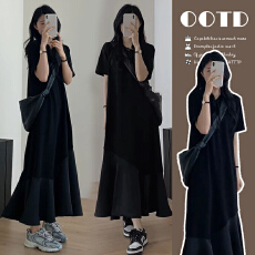 批发2026夏装<b class='q'>大码</b>韩版宽松显瘦醋酸荷叶下摆拼鱼尾小黑裙M 4XL200斤