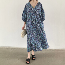 批发夏装大码女装法式桔梗高级感v领泡泡袖碎花连衣<b class='q'>裙</b>M-4XL200斤