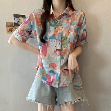 批发实拍夏装大码韩版趣味印花衬衫宽松休闲翻领童趣<b class='q'>上衣</b>潮M-4XL200斤