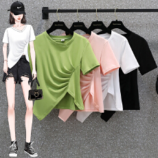 批发实拍夏装<b class='q'>大码</b>女装时尚破洞牛仔短裤搭配不规则短袖T恤M-4XL200斤