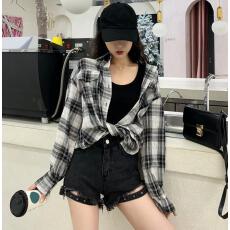 批发夏装新款大码港风长袖格子衬衫宽松慵懒<b class='q'>中长款</b>衬衣M-4XL200斤