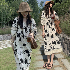 夏装新款大码女装胖MM宽松印花蕾丝拼接中长款连衣裙M-4XL200斤