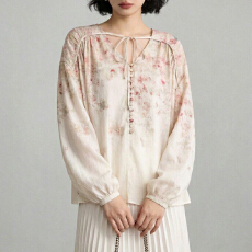 春装新款衬衣法式浪漫玫瑰印花灯笼袖宽松衬衫上衣女