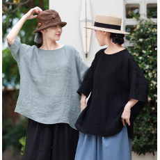 夏装新款大码女装薄款舒适棉麻褶皱衬衣宽松套头衬衫