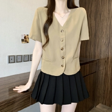 批发实拍夏装大码女装韩版chic百搭显瘦V领单排扣西服上衣