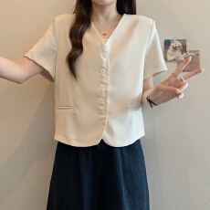 批发实拍夏装大码女装韩版chic显瘦V领单排扣西服上衣M 4XL200斤