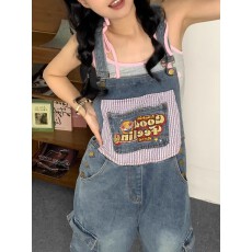 批发原版做工童趣刺绣背带牛仔连体裤女可爱宽松显瘦显瘦阔腿裤子