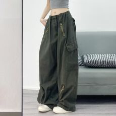 批发美式复古绿色伞兵工装裤女潮牌高街多口袋宽松直筒阔腿拖地裤子