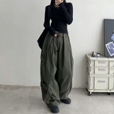 批发S-3XL多口袋水洗宽松工装裤男女潮牌街头做旧抽绳百搭阔腿裤