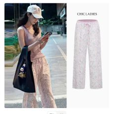 批发宋轶同款卡通印花直筒休闲裤女高腰显瘦宽松百搭垂感白色阔腿裤子