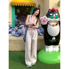 批发粉色碎花阔腿裤子女夏设计感小个子宽松慵懒风直筒休闲防晒防蚊裤