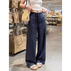 批发原板做法藏青色<b class='q'>棉</b>麻阔腿裤女夏薄款新款高腰宽松慵懒亚麻裤