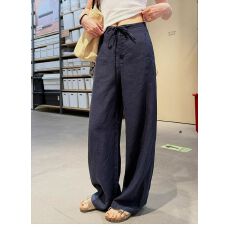 批发白色亚麻窄版阔腿裤女夏季新薄款高腰显瘦宽松透气拖地长裤子