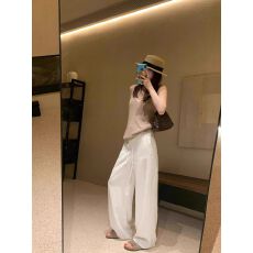 批发原板做法藏蓝色亚麻裤女时尚高腰垂感显瘦窄版直筒阔腿裤