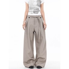 批发2025新款老钱风美式复古双褶西裤男女<b class='q'>亚麻</b>纹阔腿垂感休闲裤子