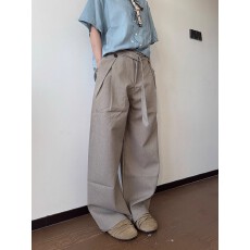 批发美式老钱风<b class='q'>亚麻</b>打褶垂感西裤男女春秋宽松休闲cleanfit阔腿裤