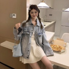 批发复古水洗美式休闲破洞牛仔做旧翻领夹克男女宽松百搭情侣牛仔外套