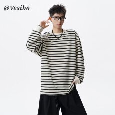 批发卫衣2025秋季复古条纹圆领<b class='q'>长袖</b><b class='q'>T</b><b class='q'>恤</b><b class='q'>男</b>女潮牌情侣宽松百搭上衣潮流