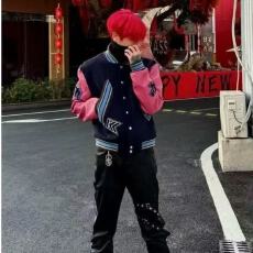 批发黑木自主***kiko粉袖棒球服<b class='q'>夹克</b><b class='q'>男</b>女美式高街Cleanfit短款外套潮