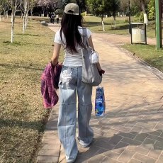 批发美式高街牛仔裤女春款2025新款水洗阔腿工装裤休闲直筒<b class='q'>长裤</b>子