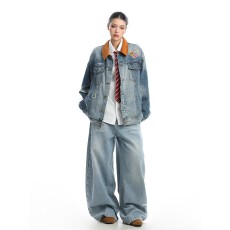 批发美式复古水洗贴标翻领牛仔外套男女春秋情侣宽松<b class='q'>街头</b>上衣休闲夹克